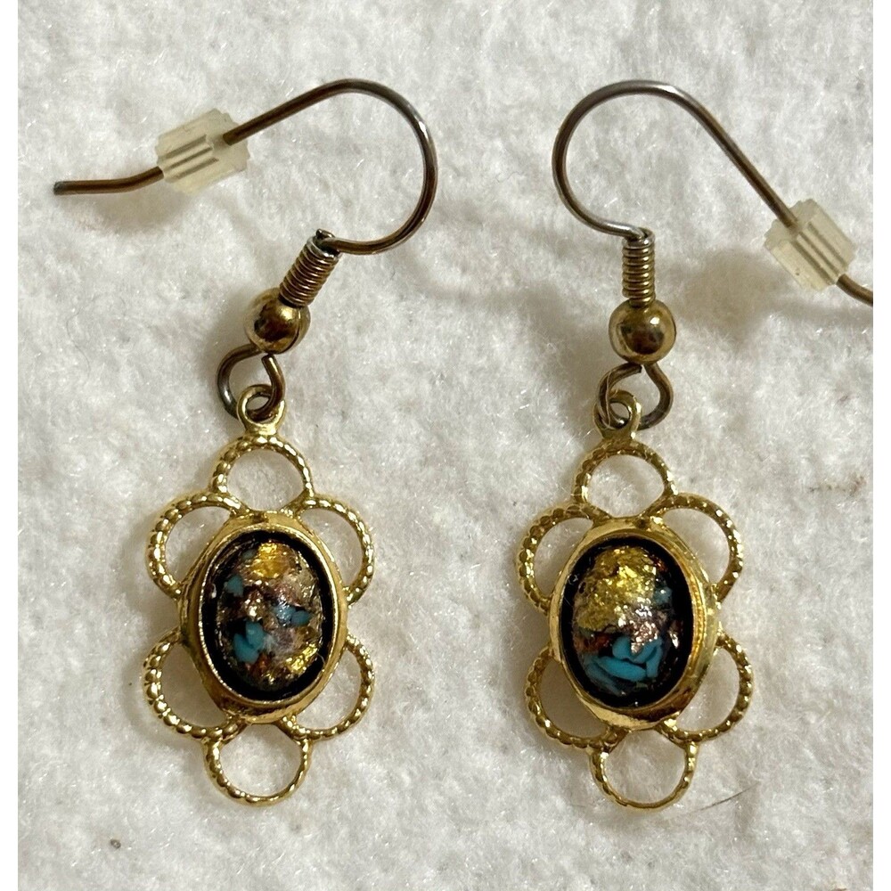 Vintage Confetti Art Glass Cabochon Dangle Earrings Gold Tone Estate Jewelry